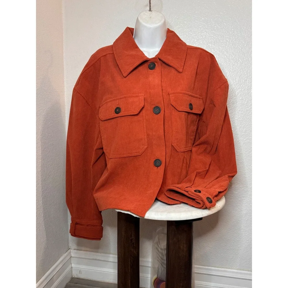 Avec Les Filles Corduroy Shacket M Rust Orange Crop Jacket Shoulder oversize